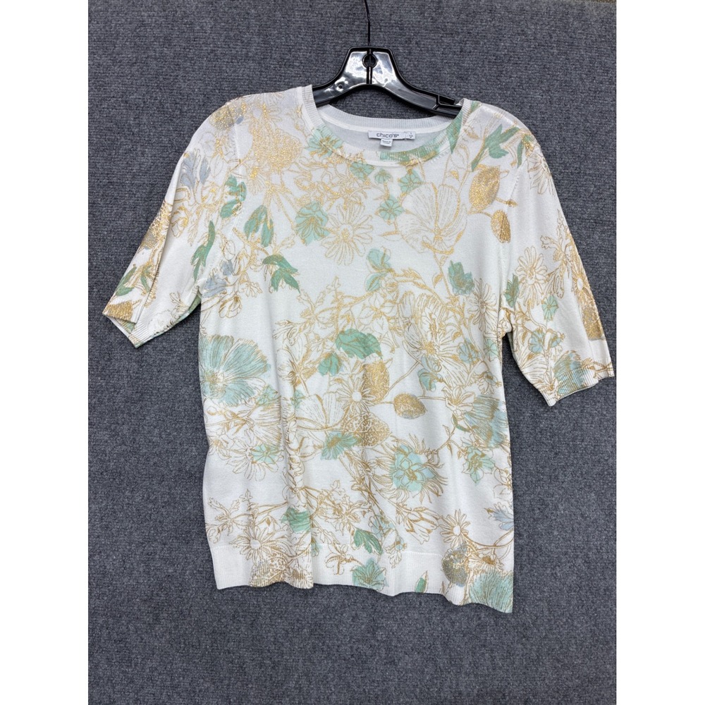 Chicos Aria Gold Foil Top Pullover Sweater Alabaster Floral White NWT Medium